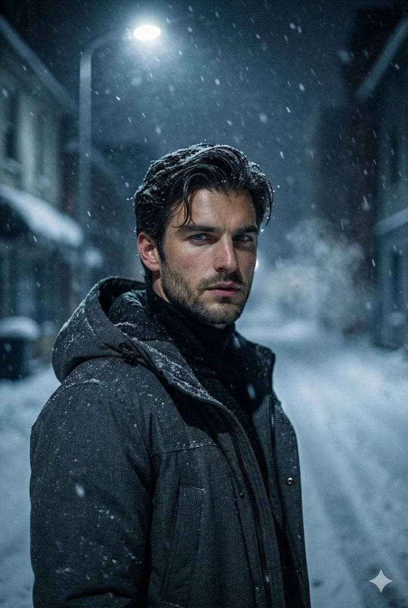 Retrato cinematográfico ultrarrealista de un joven con rasgos masculinos marcados y barba incipiente, cubierta de nieve...