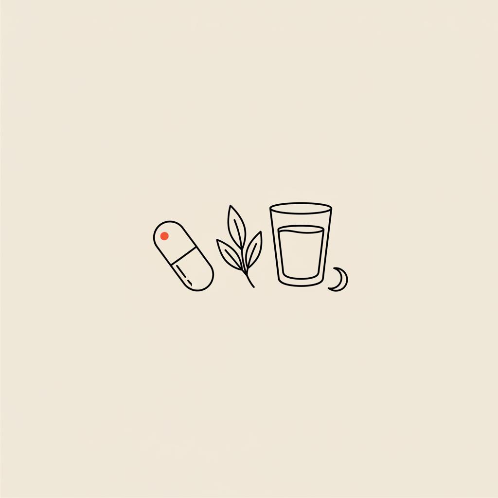 Tonum-style minimalist line illustration of a capsule, leaf, glass of water, and crescent moon on beige background — for Is it better to get lipo or Ozempic?