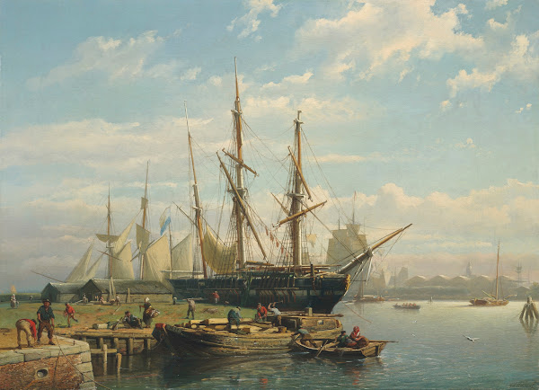 Dutch sailing ships at anchor in a river estuary