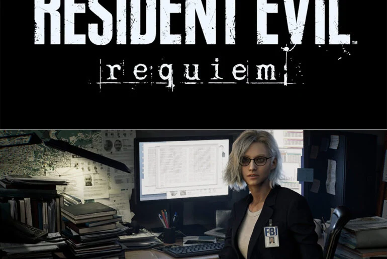 Resident Evil: Requiem logo with Raccoon City characters teased in the background, including potential return of Leon S. Kennedy.