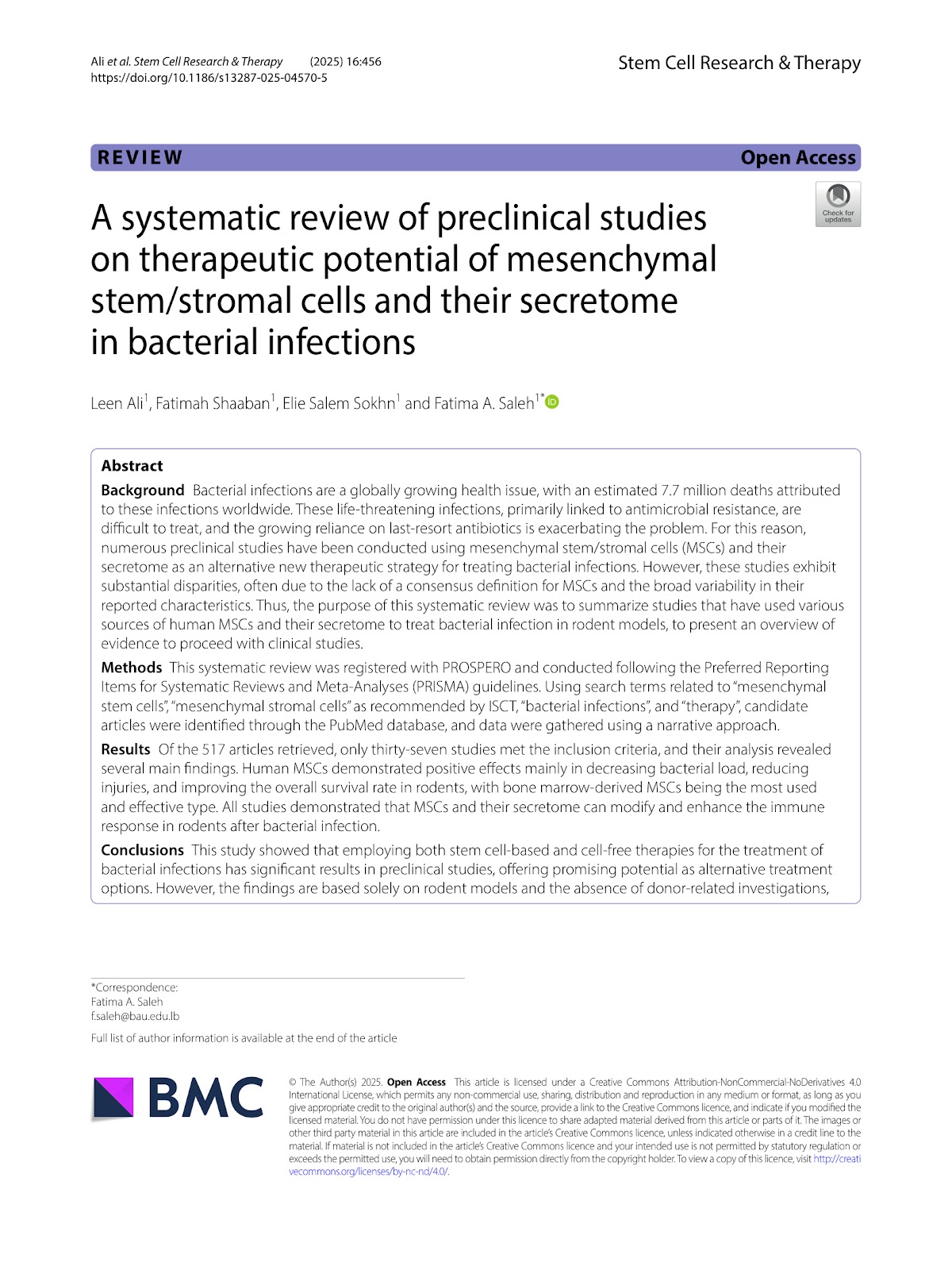 A systematic review of preclinical studies on therapeutic potential of mesenchymal stem/stromal cells and their secretome in bacterial infections