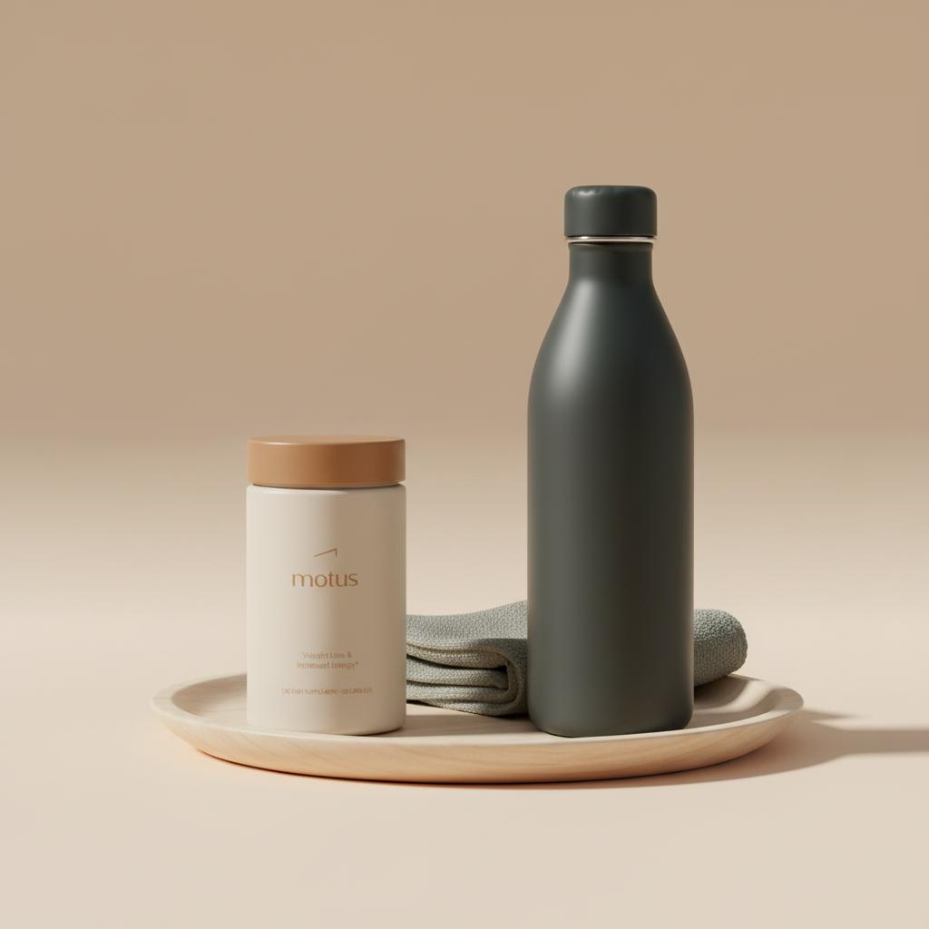 Motus supplement jar on a round wooden tray beside a reusable water bottle and folded towel on a beige background, minimalist wellness scene highlighting keto pills effectiveness.
