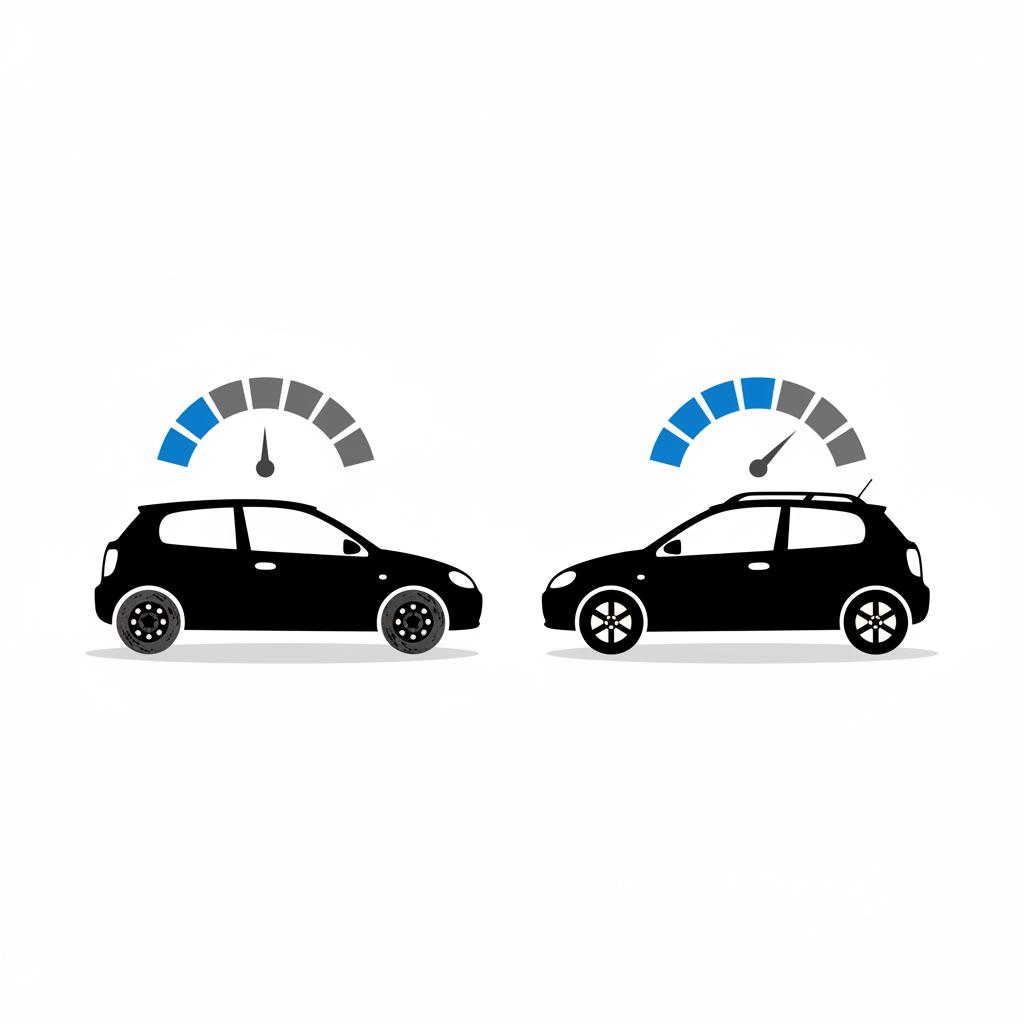 Minimal 2D vector side by side comparison of two kia souls for sale showing lower and higher trims with simple mileage gauge icons no text or logos