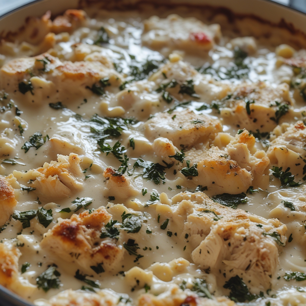 High-Protein Chicken Alfredo Bake for Easy Low-Carb Meal Prep with Creamy, Cheesy Goodness finished