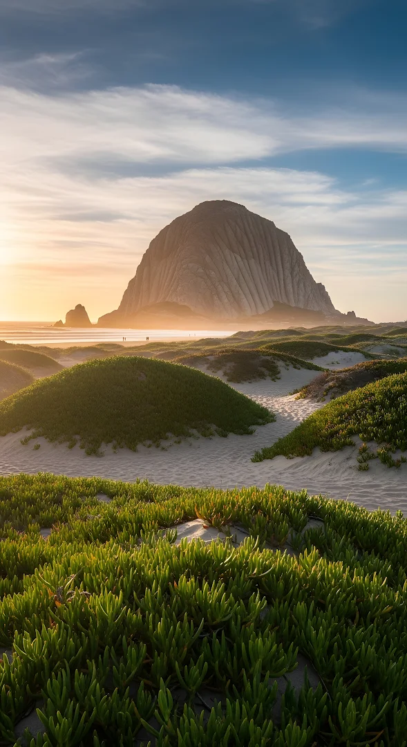 Morro Rock Silhouette Over Green Coastal Dunes at Sunset