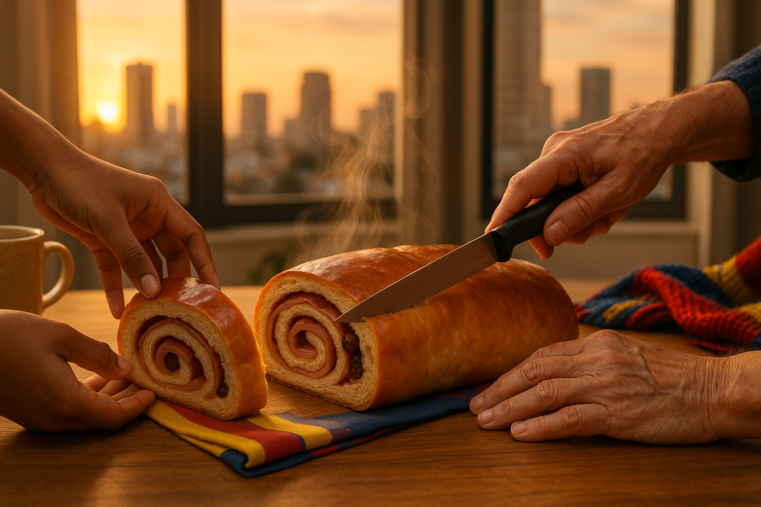 Manos venezolanas compartiendo pan de jamón en mesa familiar fuera de Venezuela
