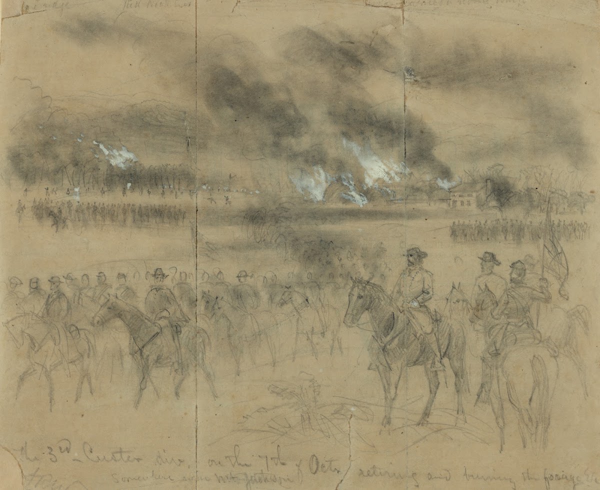The 3rd Custer div on the 7th of Octr retiring and burning the forage Etc Somewh
