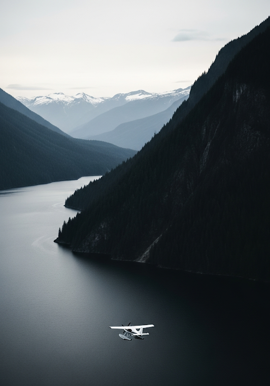 Seaplane Flying Over Dark Mountain Lake