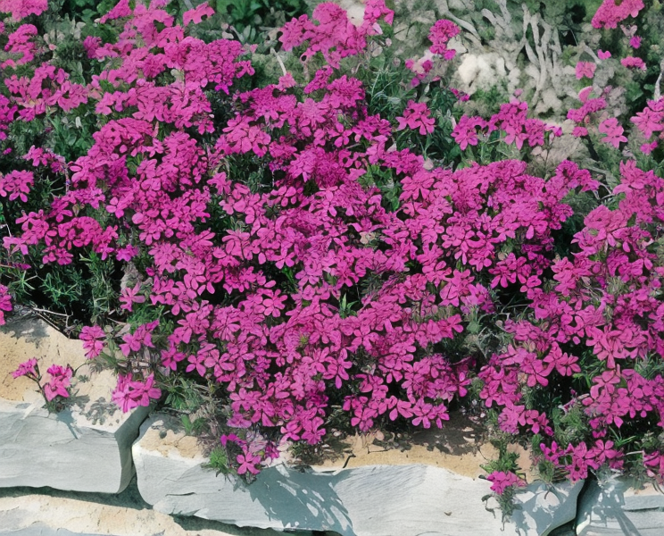 Phlox subulata 'Atropurpurea' in piena fioritura, tappeto viola intenso