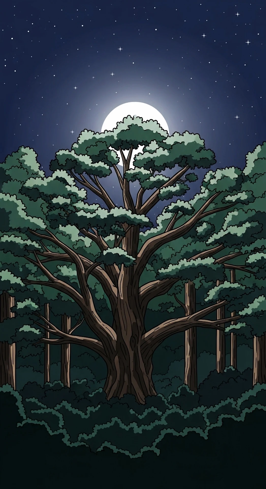 Cartoon Forest Night Scene with Giant Tree and Full Moon - Free 4K mobile Wallpaper