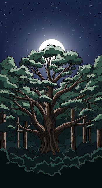 Cartoon Forest Night Scene with Giant Tree and Full Moon - Free mobile Wallpaper