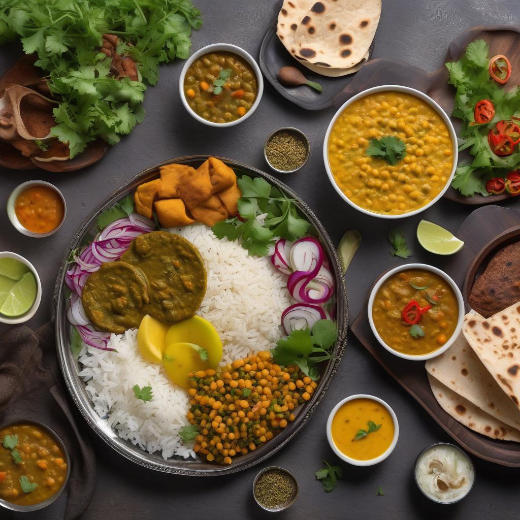 colorful healthy Indian meal plate with dal, rice, sabzi, roti, and salad