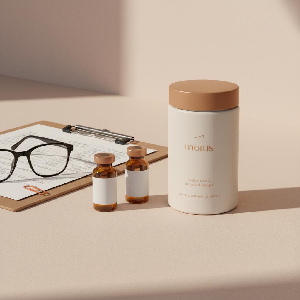 Photorealistic close-up of a Tonum supplement container beside two amber vials, a clipboard with partial lab results and folded reading glasses on a clean tabletop — NAD+ supplements