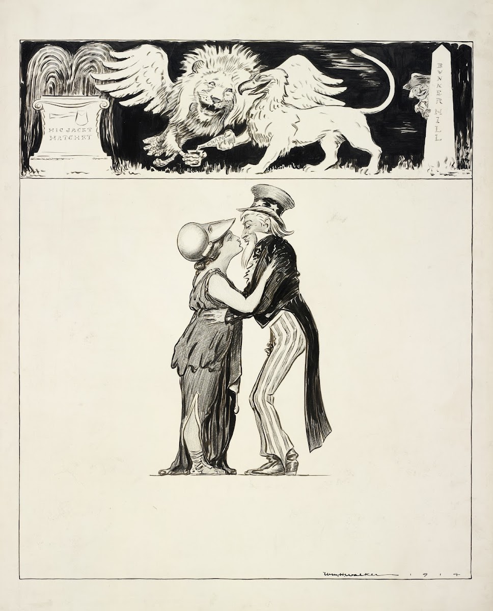 Uncle Sam kisses a stout woman probably representing Great Britain 1914