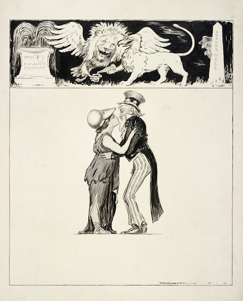 Uncle Sam kisses a stout woman probably representing Great Britain 1914