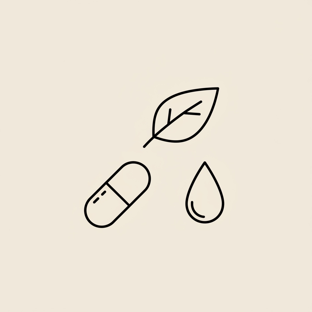 Minimal Tonum-style line illustration of a capsule, leaf, and water droplet on a beige background (#F2E5D5) representing focus supplements.