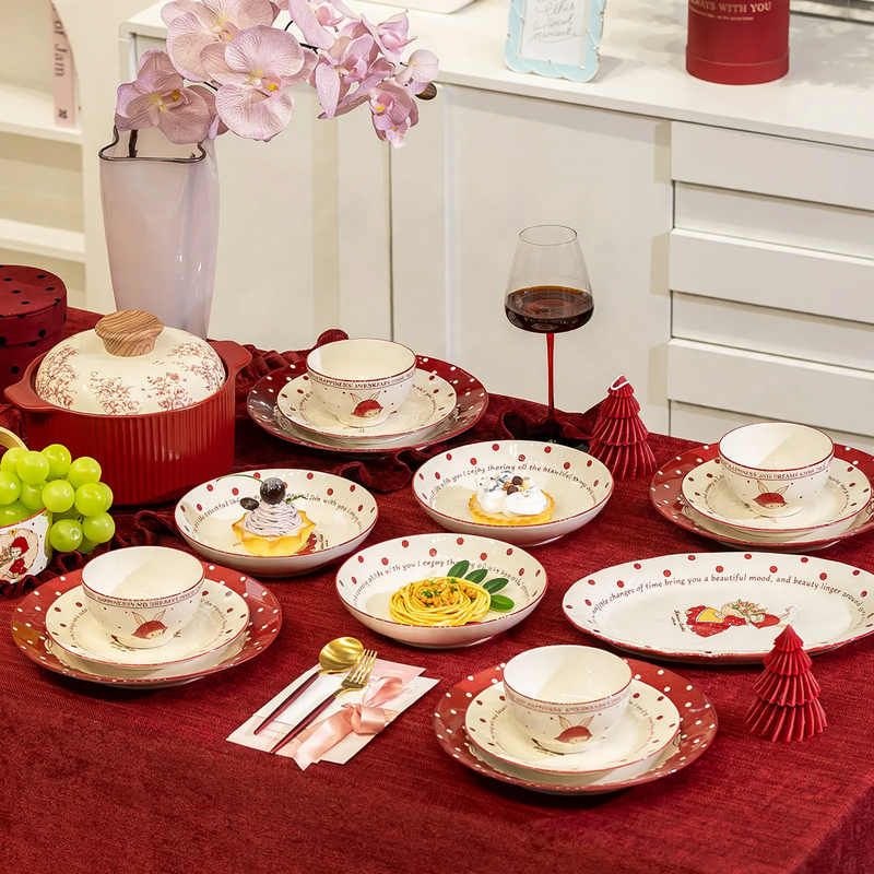 Ceramic dinnerware set, red, floral pattern