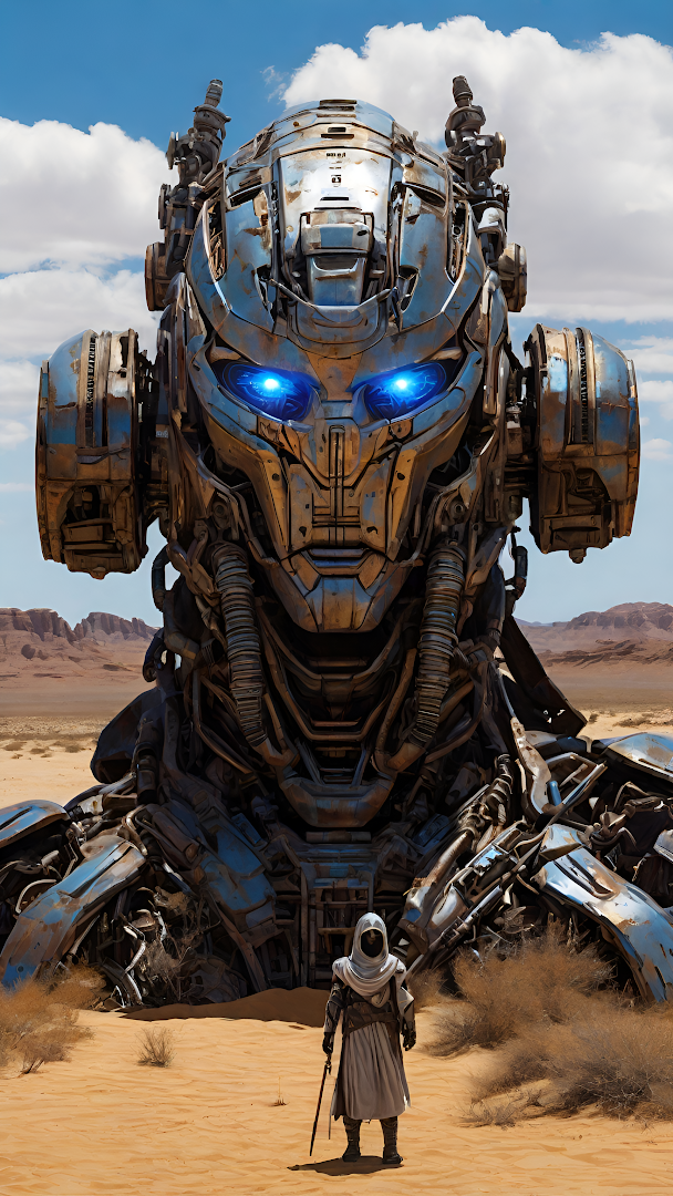 Giant Robot with Blue Eyes in Desert with Lone Figure