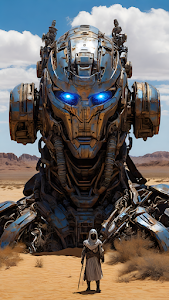 Giant Robot with Blue Eyes in Desert with Lone Figure