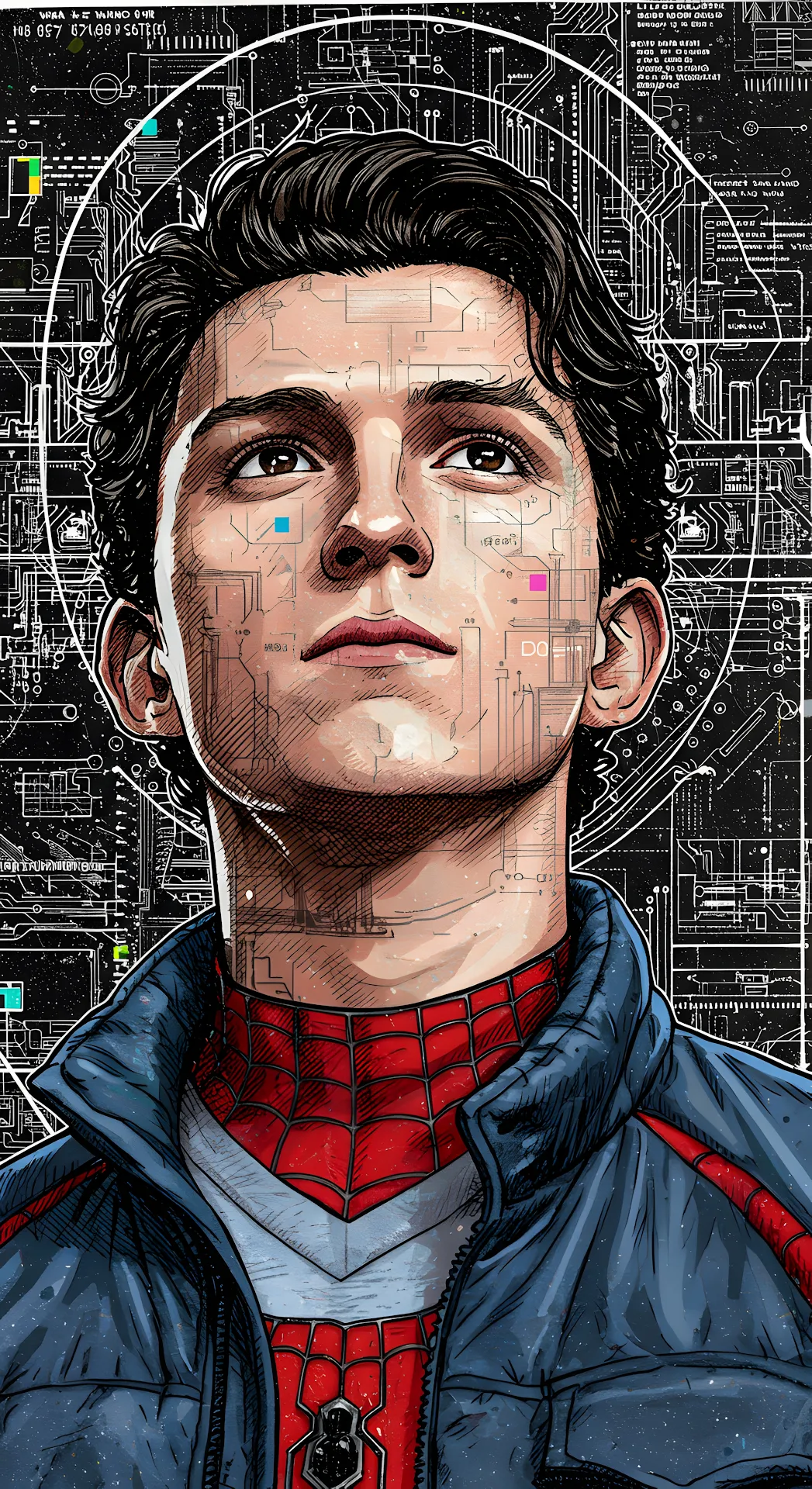 Spider-Man Tech Schematic Portrait Black Background - Free 4K mobile Wallpaper