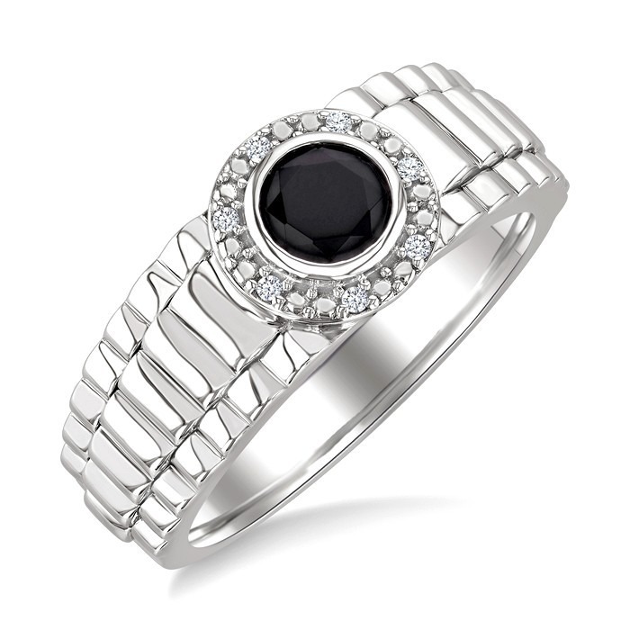 Silver Round Shape Men's Onyx Diamond Ring