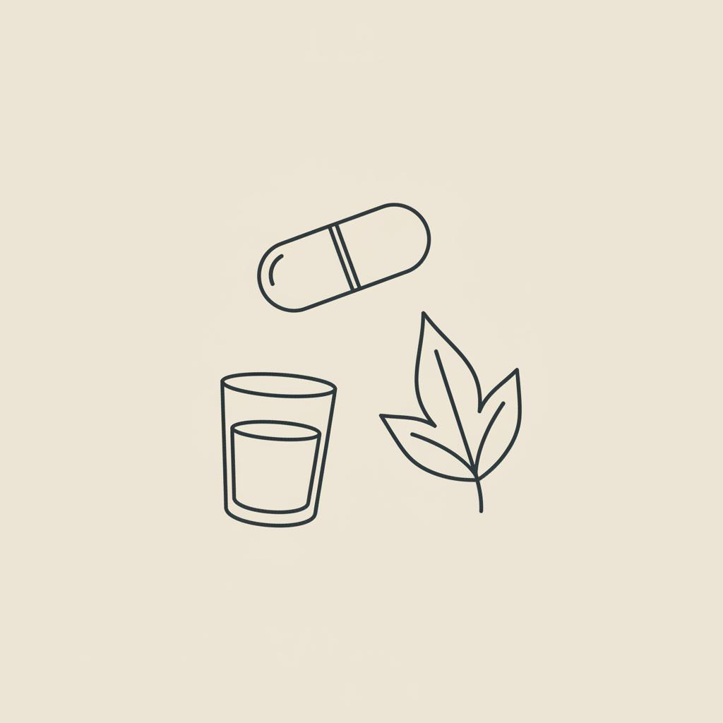 Minimalist Tonum-style vector illustration of a capsule, glass of water, and stylized konjac leaf on beige background — are appetite suppressant pills effective