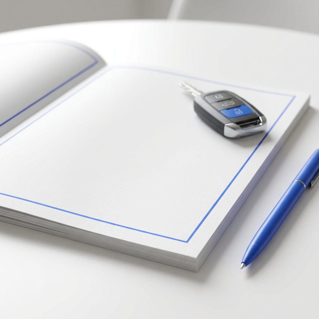 Close up photo of a printed vehicle history report and car key fob on a white table with blue accents showing best cheap used car inspection focus