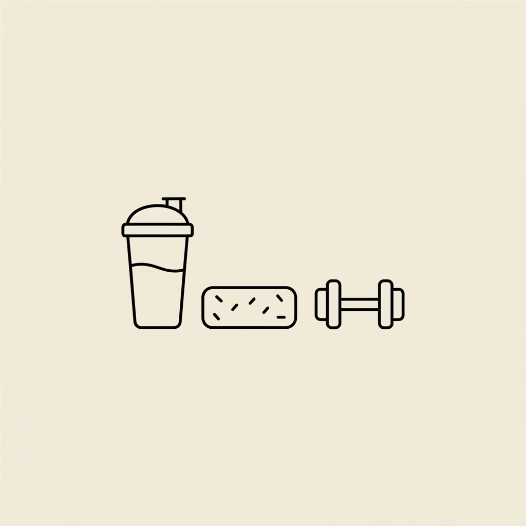 Minimalist line illustration of a shaker bottle, whole-grain bar, and small dumbbell on a beige background, representing a meal replacement shake and fitness.
