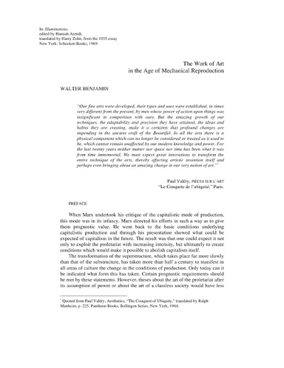 Walter Benjamin-The Work of Art in the Age of Mechanical Reproduction
