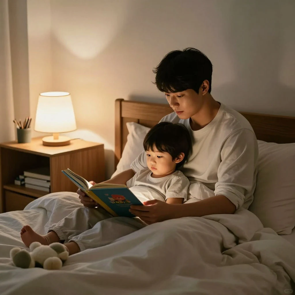 부모가 취침 전 책을 읽어주는 초등학생의 건강한 취침 루틴