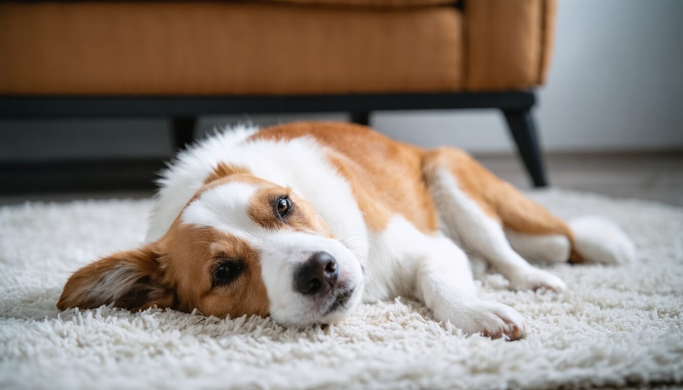 A dog lying comfortably on a soft rug, showcasing the positive impact of probiotics on mood and stress levels