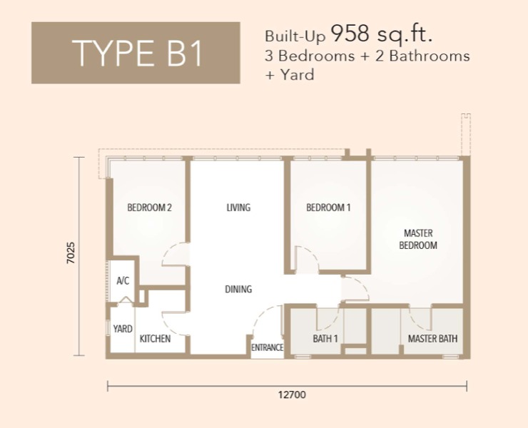 The Maple Residences Type B1 floor plan — 971 sq ft, 3 bedrooms