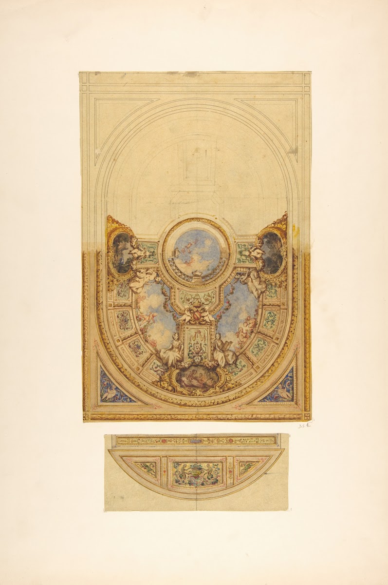 Design for the decoration of an oval ceiling with putti and garlands with a deta