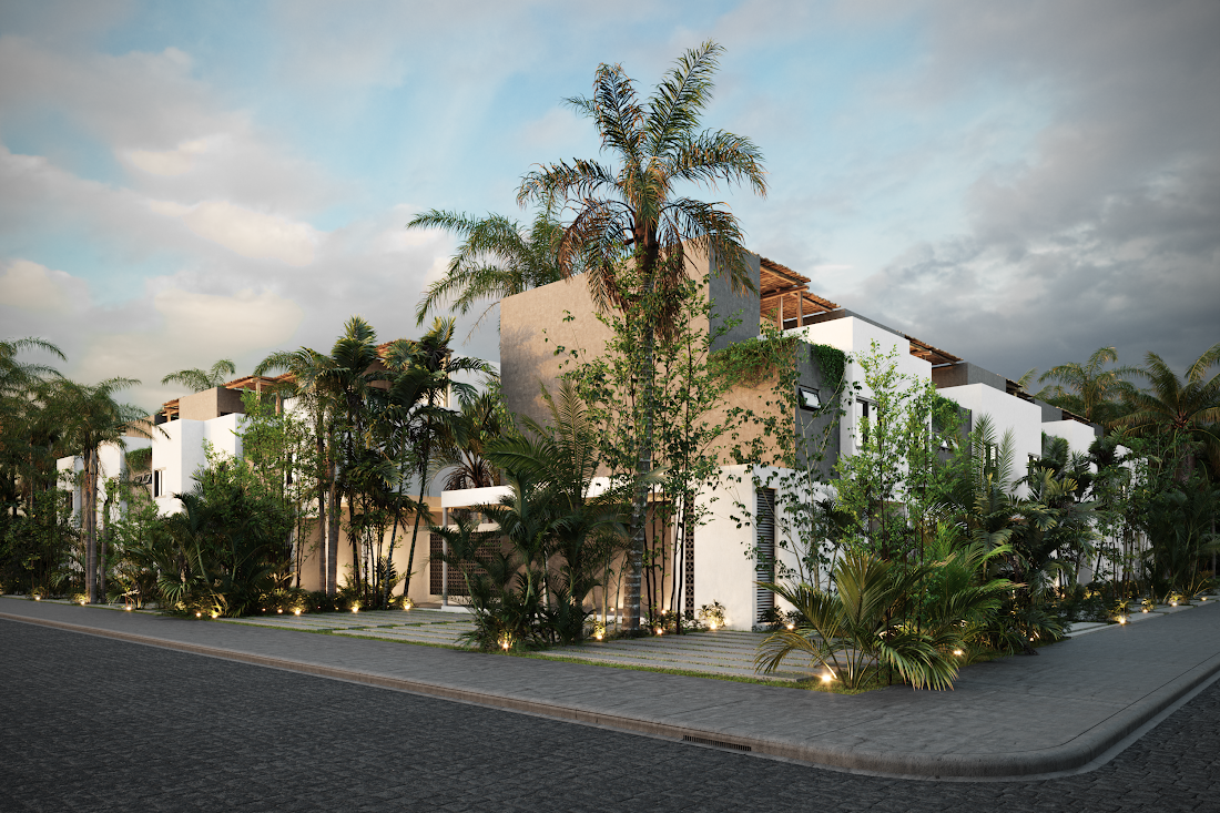 F&aacute;bula townhomes exterior with pool and tropical planting