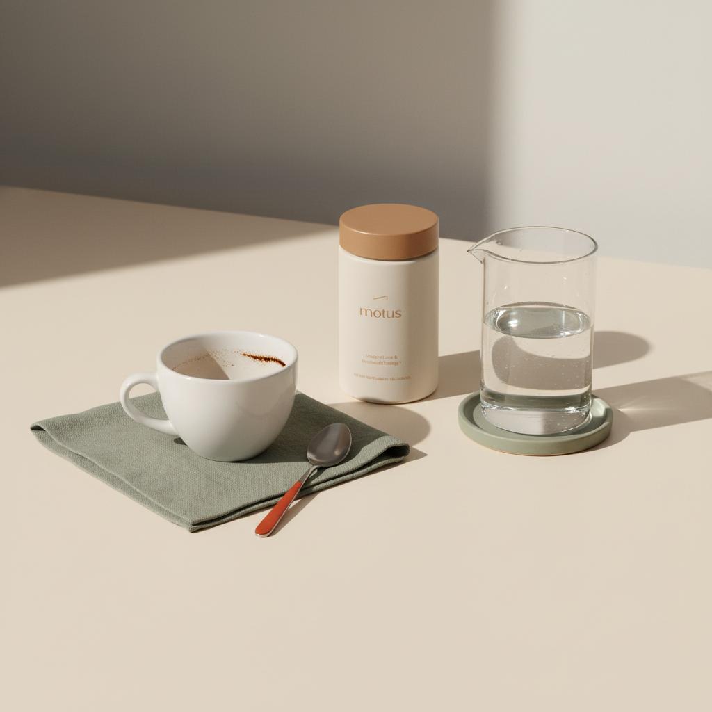 Minimalist still life of a white coffee cup with residual coffee, a glass water carafe, and a Motus supplement container on a #F2E5D5 background, illustrating quitting caffeine weight loss.
