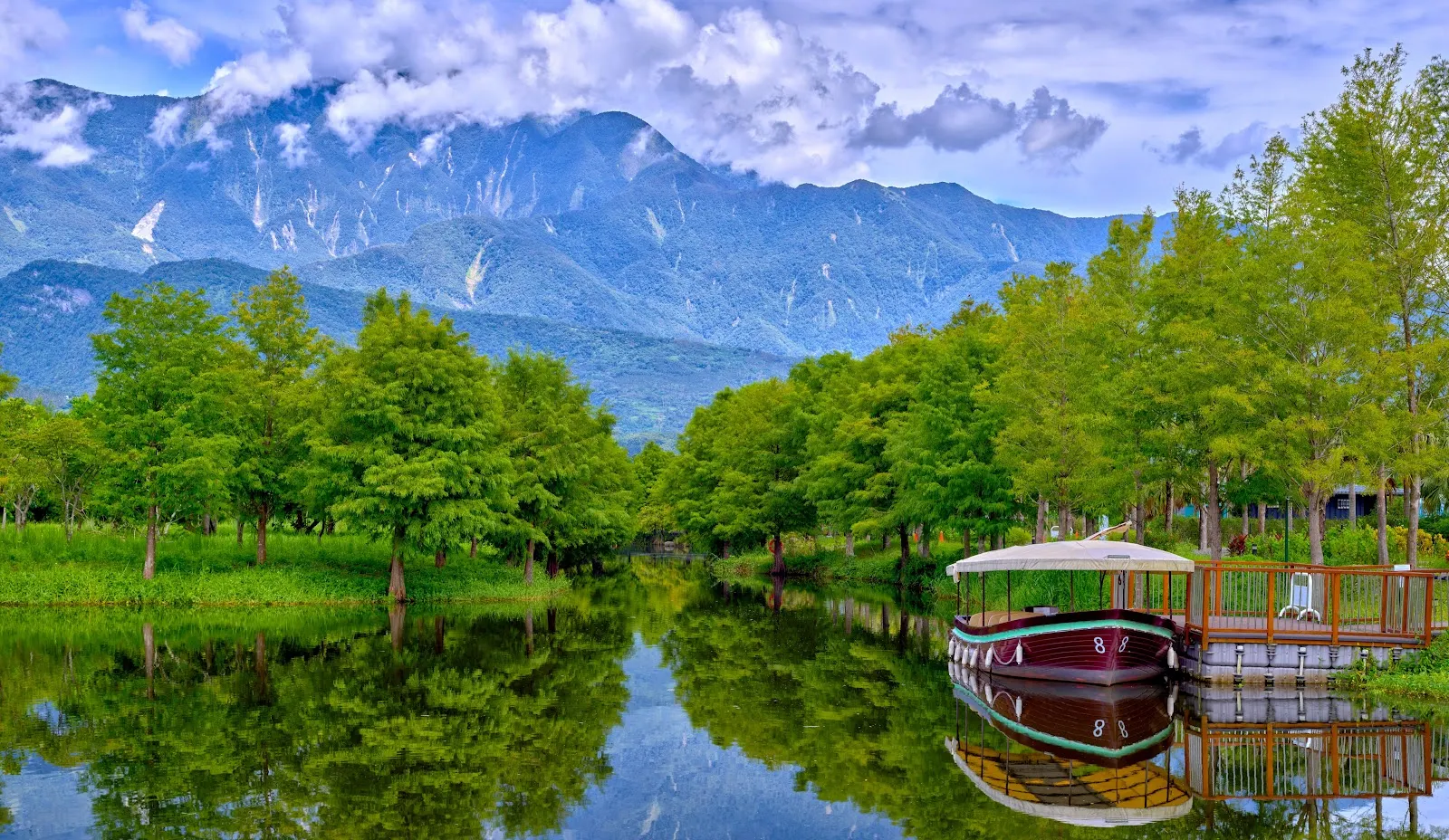 Scenic Mountain Lake Boat View - Landscape Photography 5K Wallpaper (6144x3564)