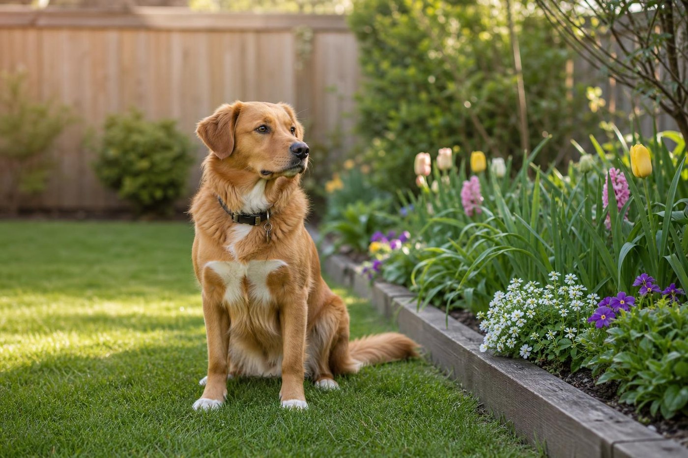 Dog sitting beside a backyard garden bed for a plant safety article