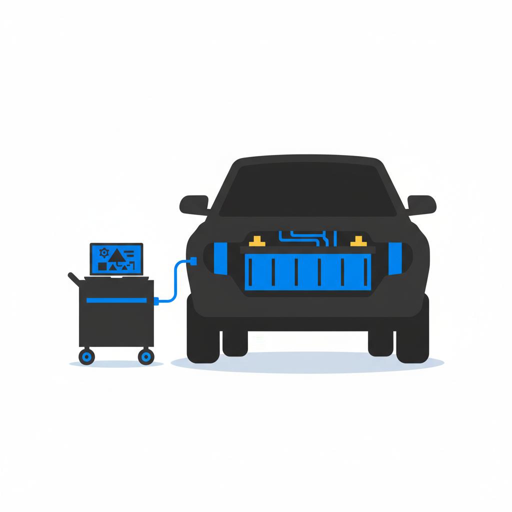 Minimalist 2D vector showing a used tesla for sale underbody and EV battery pack with an open laptop on a service cart displaying abstract diagnostics in white and 3666ed accents
