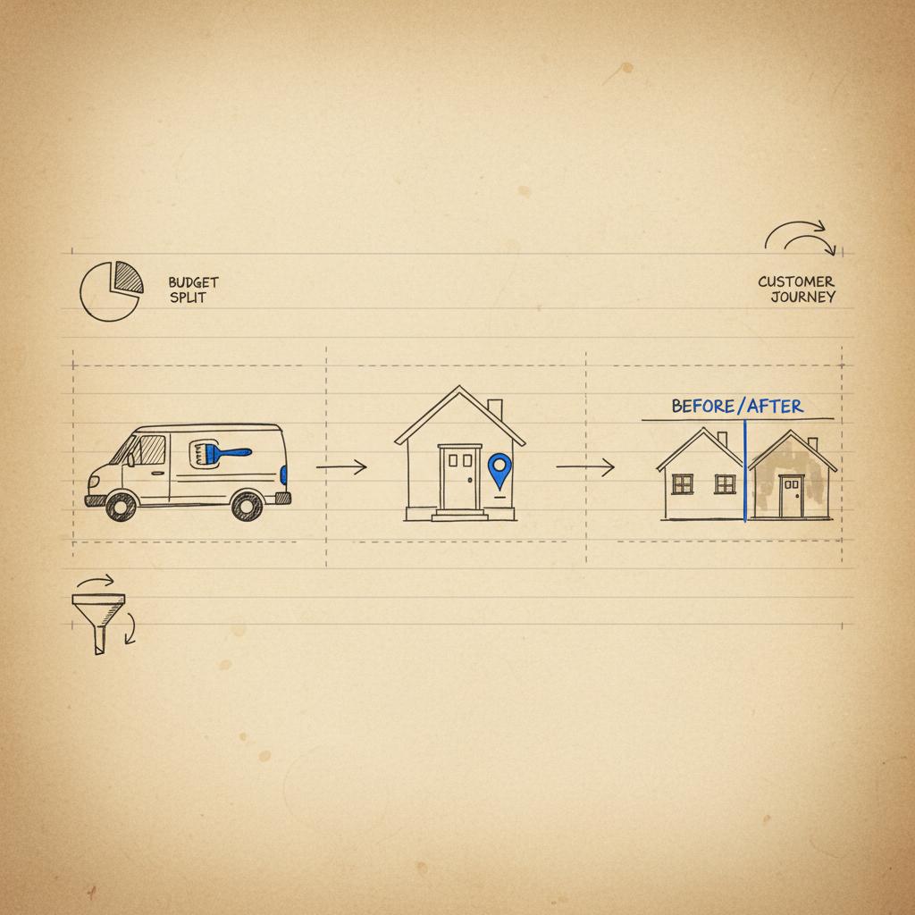 Notebook-style sketch of a paint van, a doorway with a location pin, and a small before/after pane, minimal composition to get leads for a painting company