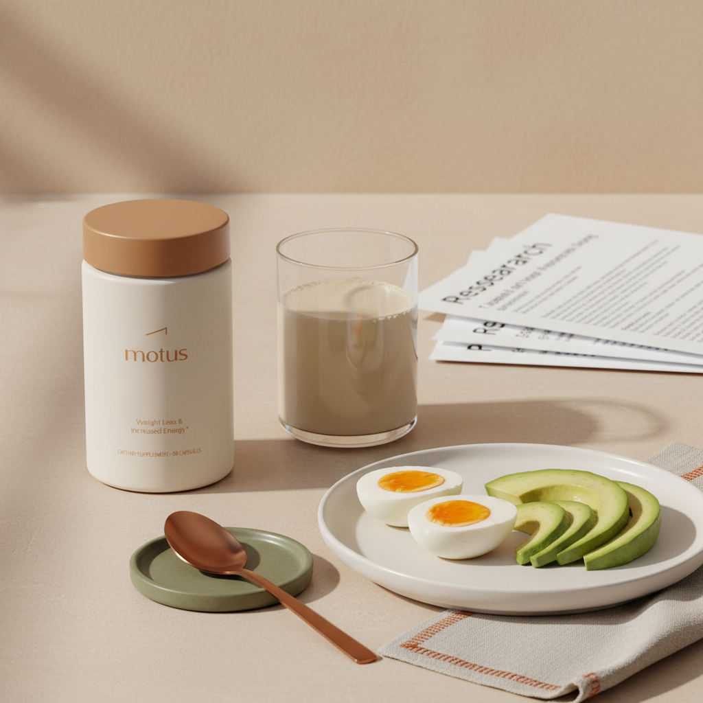 Motus supplement jar beside a minimalist protein shake, plate of eggs and avocado, and research printouts on a neutral counter — when should women take protein powder for weight loss