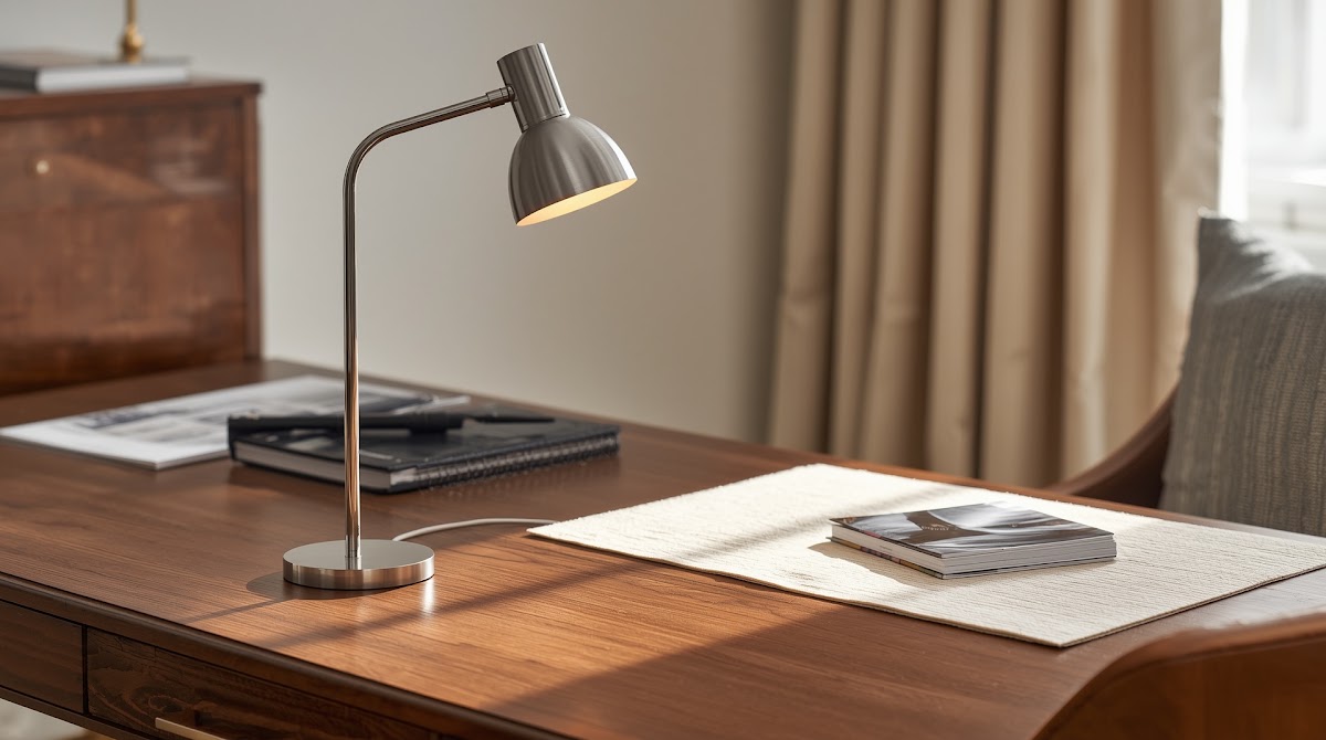 How to Make Chrome Home Office Accessories Work With a Wood Desk - sculptural chrome lamp with warm wood bookshelf and chair