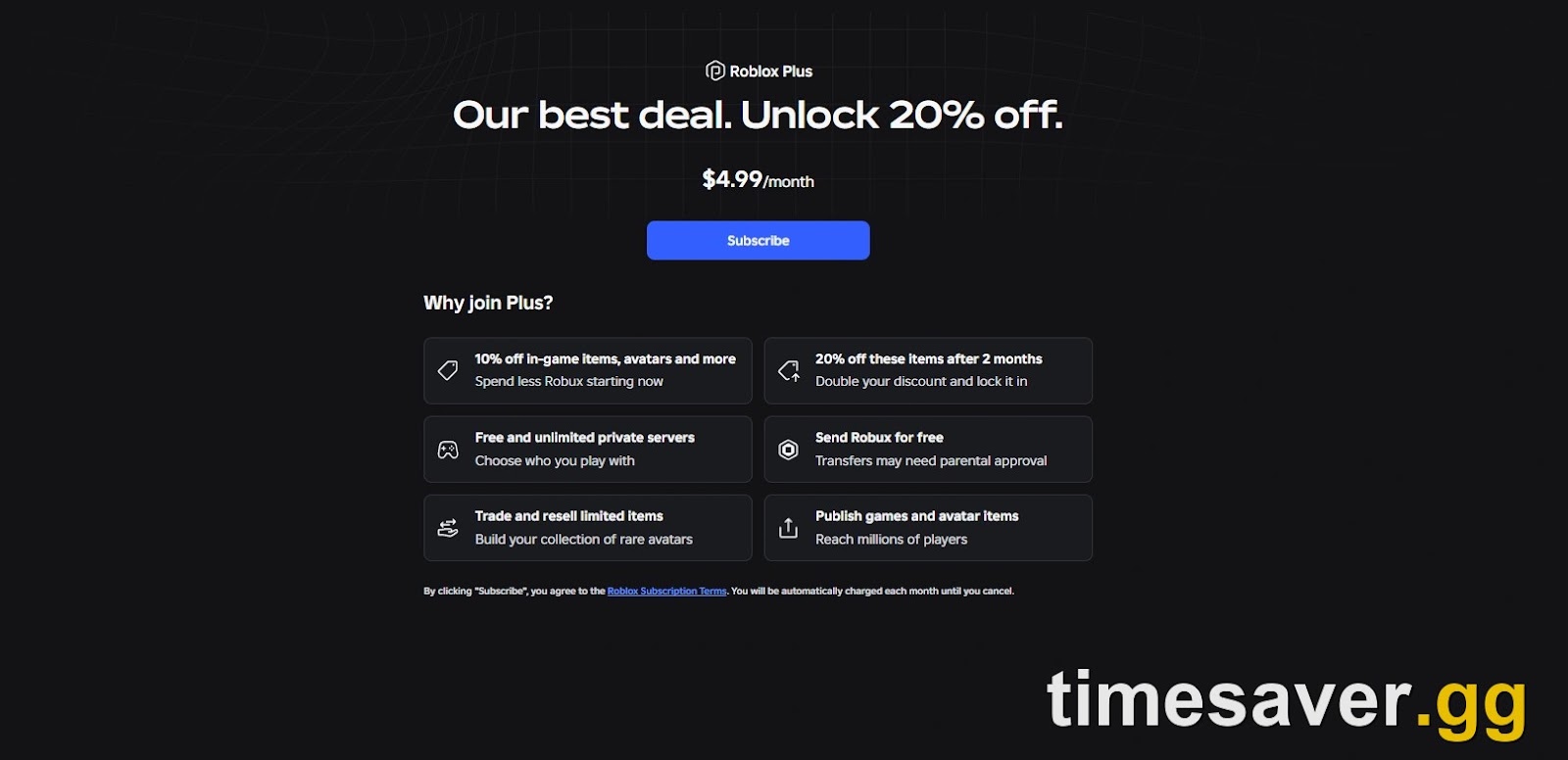 Official Roblox Plus benefits screen — 10% off, 20% off after 2 months, free private servers, trading and Robux transfers at $4.99/month