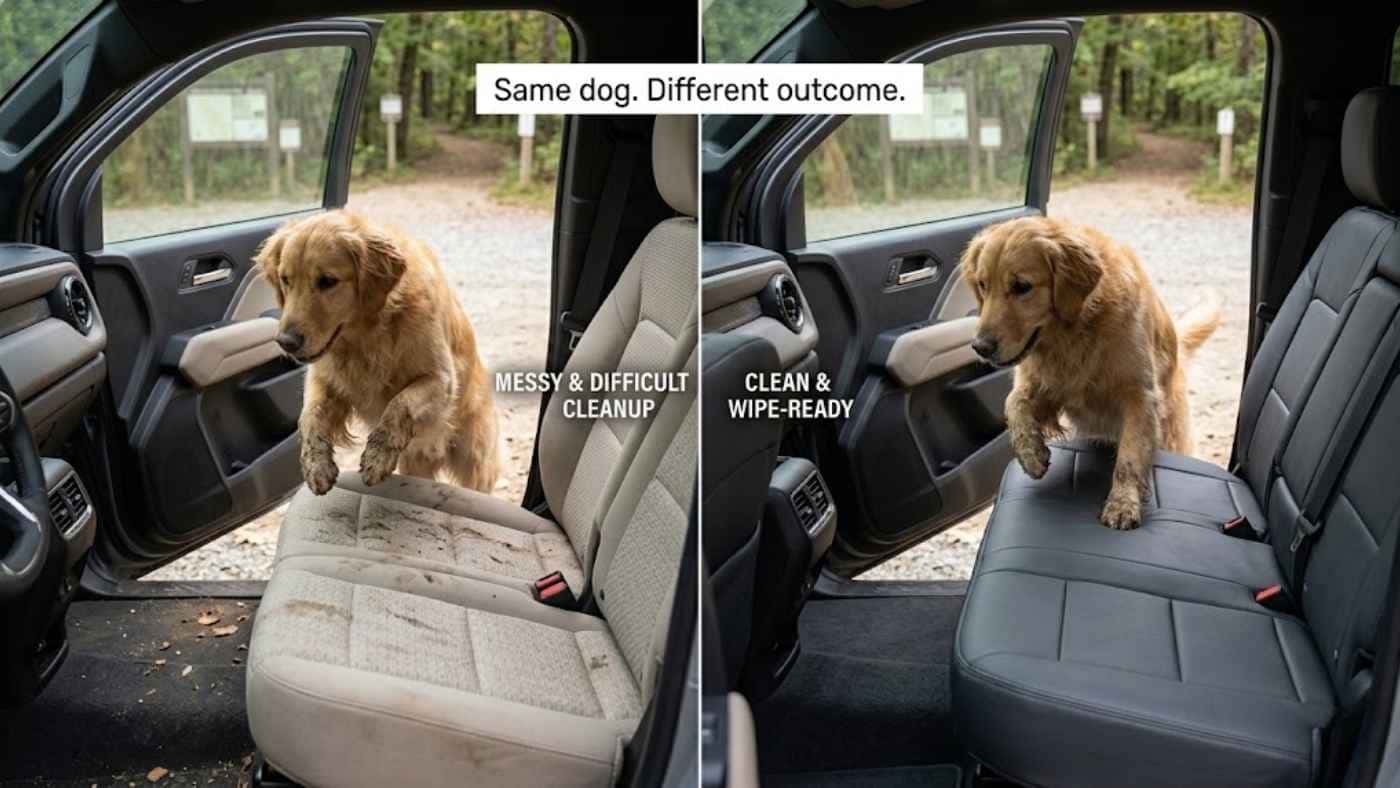 Dog on Chevy Colorado rear seats showing the difference between stain-prone cloth upholstery and easy-clean seat covers.