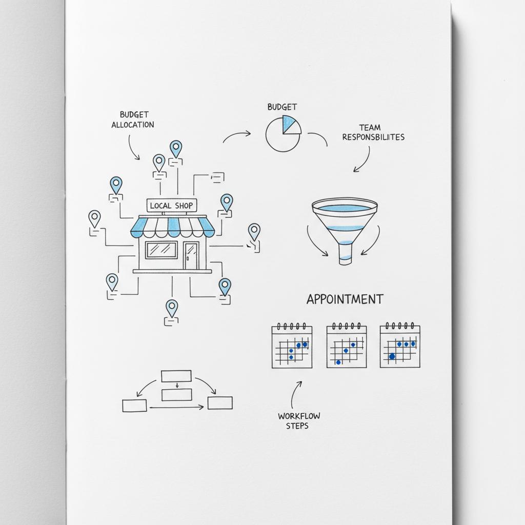 Close-up sketchbook page showing a customer journey map with map pins clustered around a shop icon, a short funnel diagram, and appointment calendar thumbnails with blue markers &mdash; facebook ads for local services