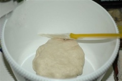 Làm vỏ bánh bao hấp: Hâm nóng 15ml sữa tươi (khoảng 30-35 độ C). Cho 1/2 muỗng cà phê đường trắng vào khuấy tan. Cho men nở vào và khuấy đều. Để yên 10-15 phút để men nở bung giống gạch cua. Cho 300g bột mì, 120 ml sữa tươi, dầu ăn và phần sữa hòa men vào tô. Nhồi trong khoảng 10-15 phút đến khi mặt bột tương đối mịn. Nếu bột bánh bao quá khô thì có thể thêm chút dầu ăn. Nếu quá nhão bạn có thể thêm 5-10g bột khô. Sau khi trộn bột xong dùng màng bọc thực phẩm bọc kín lại, cho vào lò vi sóng và đậy một lớp khăn ấm, ủ bột bánh bao đến khi bột nở gấp 2-3 lần.