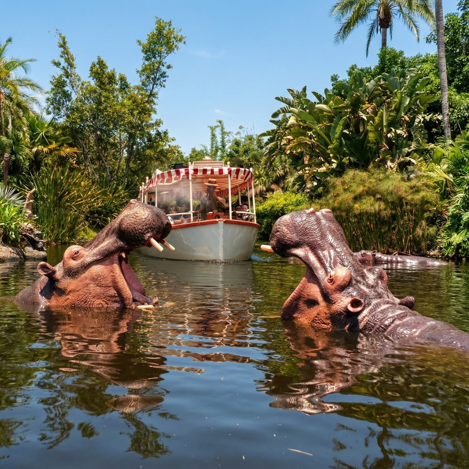High-definition digital photograph of the Jungle Cruise Hippo Pool scene showing Audio-Animatronic hippopotamuses with jaws open and a tour boat passing through the encounter at a Disney Park