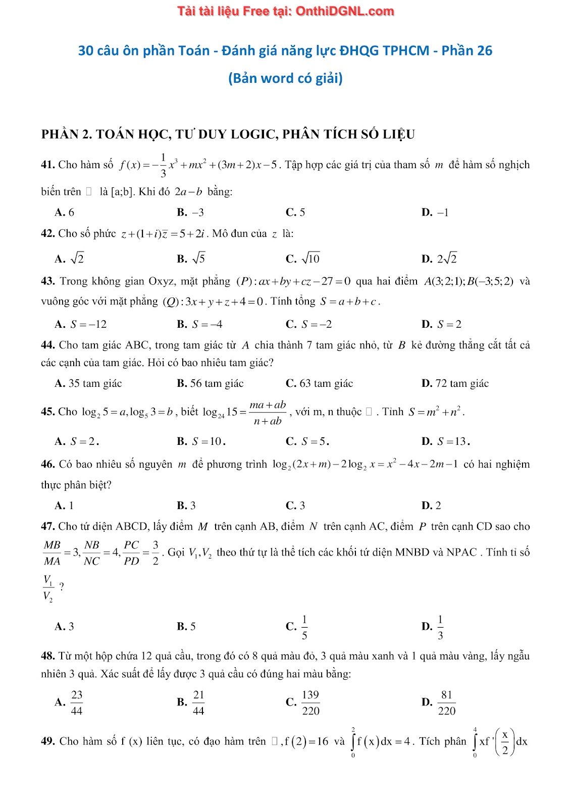 900 bài tập môn Toán - Ôn thi ĐGNL ĐHQG TP HCM Phần 26