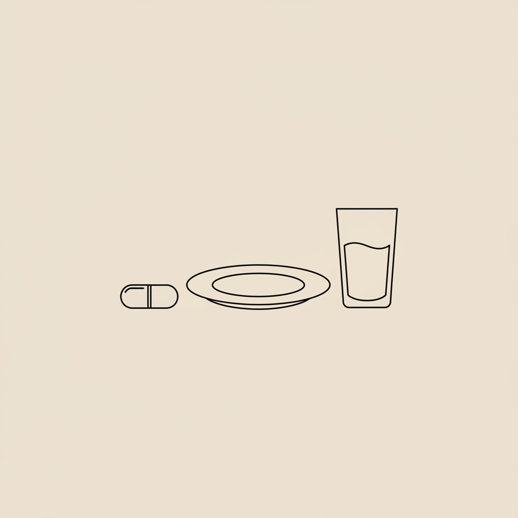Minimal Tonum-style line illustration of a capsule next to a simple plate and water glass on beige background for vitamin B complex weight loss