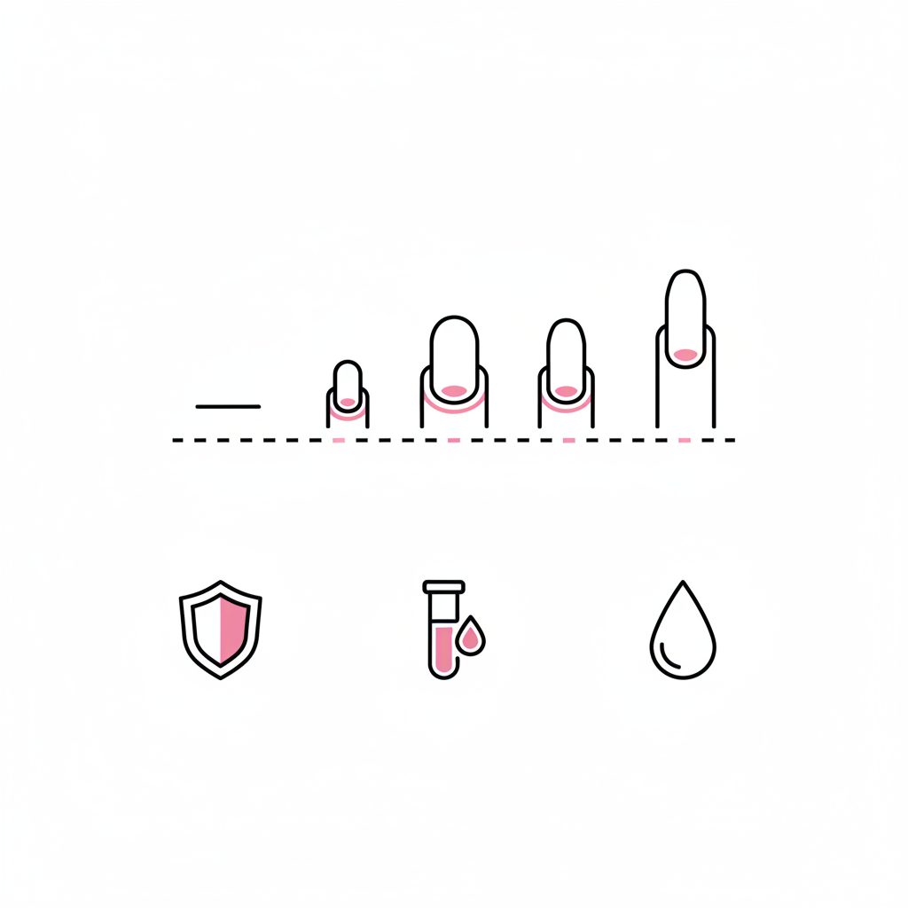 Minimalistische 2D-Vektor-Infografik mit Nagel-Wachstums-Zeitleiste und drei Icons (Schild, Ferritin-Blutröhrchen, Öl-Tropfen) zur Illustration von Nägel stärken.
