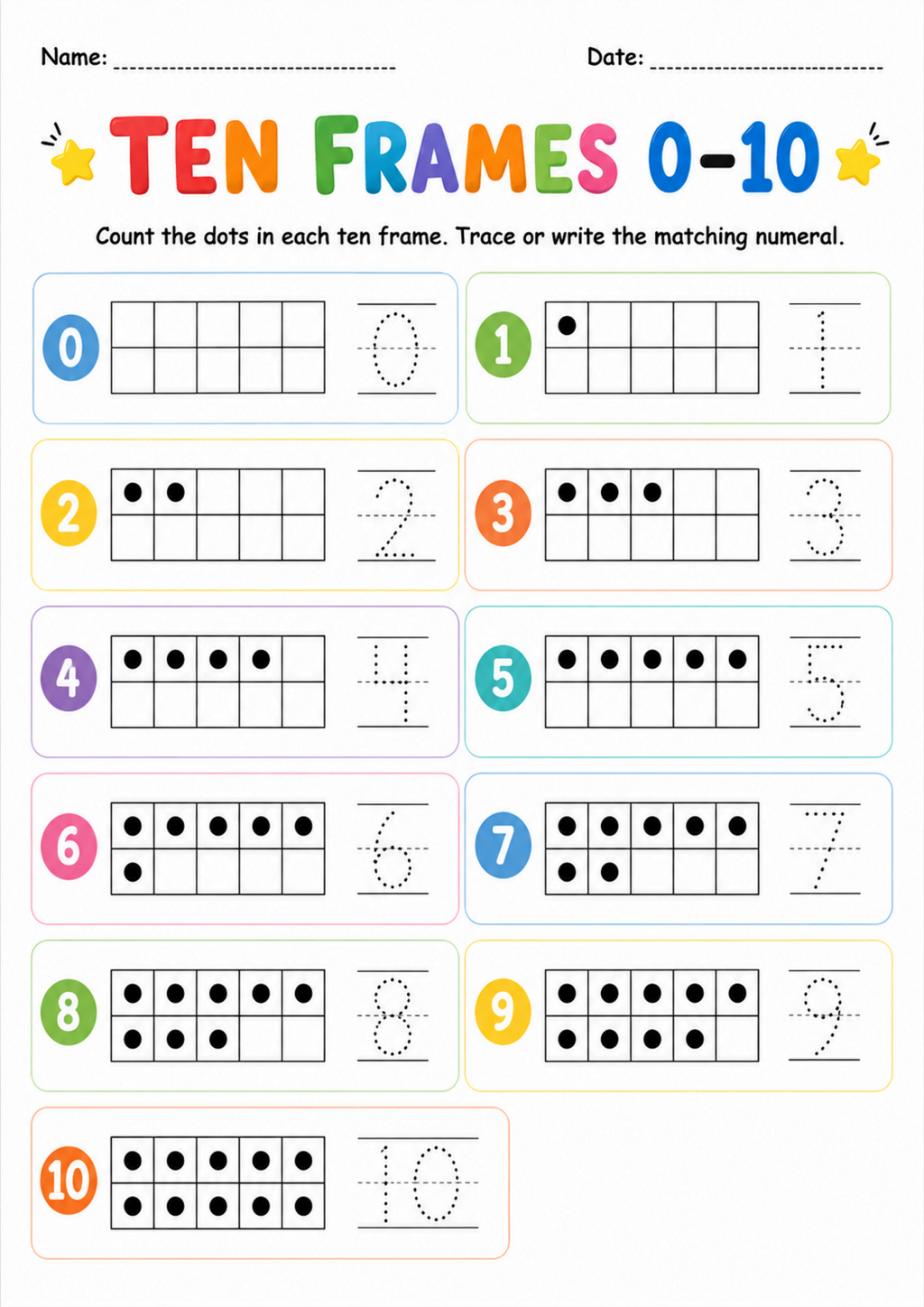 Ten Frames 0-10 Worksheet